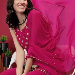 PARROT CREATION Geometric Embroidered Sequinned Georgette Kurti with Sharara And Dupatta image 4