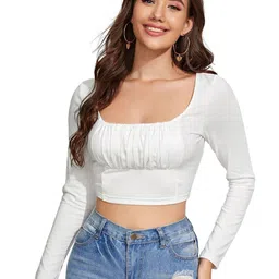 Enmozz Women Solid Square Neck Long Sleeves Gathered or Pleated Crop Top-image-68