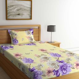 Myntra Elegant Homes Yellow & Purple Floral Printed 300 TC Single Bedsheet Set-image-94