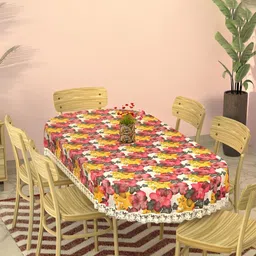 Myntra Elegant Homes White & Pink Floral Printed Oval 6-Seater Dining Table Cover-image-99