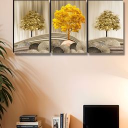 SAF Yellow & Green 3 Pieces Tree Wood Wall Art-image-9