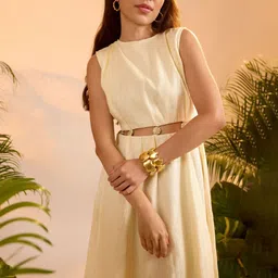 dhaaga Solid Linen Fit & Flare Midi Lyla Dress-image-10