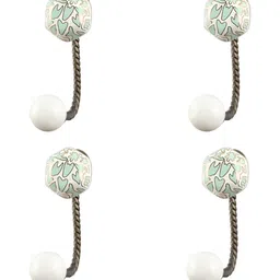 IndianShelf White & Green 4 Pieces Printed Ceramic Wall Hooks-9