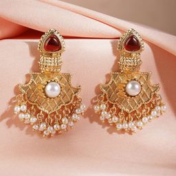 Rubans 22K Gold Plated Classic Ruby & Pearl Studded Chandbalis image 1