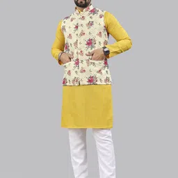 WELL TEX Striped Mandarin Collar Jacquard Weave Straight Kurta with Pyjamas & Nehru jacket-image-21