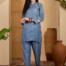 Sangria Embroidered Mandarin Collar Tunic & Trousers Co-Ords-image-113