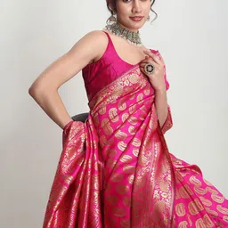 Janasya Pink Paisley Woven Design Banarasi Saree with Blouse Piece-27