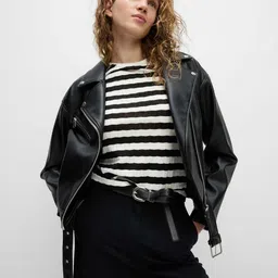 Marks & Spencer Women Striped V-Neck Monochrome Applique T-shirt-image-4