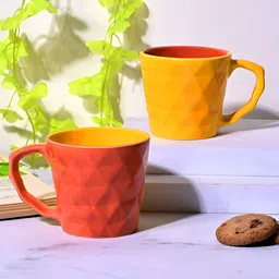 Storepedia Yellow & Orange 2 Pieces Hand Painted Textured Ceramic Matte Cups 150ml-image-33