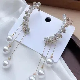 VAGHBHATT Korean Gold-Plated Artificial Stones Studded & Pearls Beaded Tasselled Ear Cuff-8