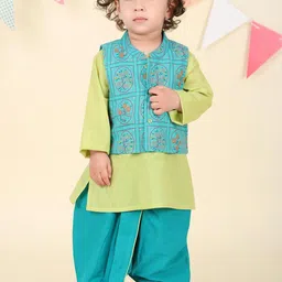 Fabindia Boys Round Neck Pure Cotton Kurta With Dhoti Pants & Nehru jacket-image-4