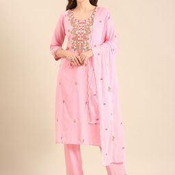 Anouk Women Floral Embroidered Regular Thread Work Pure Cotton Kurta with Trousers & With Dupatta-image-68