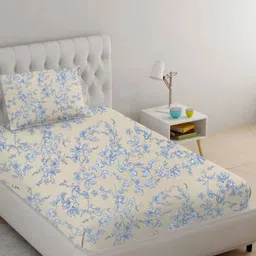 Trance Home Linen Blue Floral 210 TC Cotton Fitted Single Bedsheet Set 1.83 m x 96cm-50