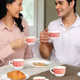 Larah by BOROSIL White & Red 6 Pieces Printed Opalware Glossy Cups - 140 ml Each image 3