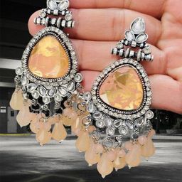 OPUS GEMS Artificial Stones Studded And Beaded Triangular Chandelier Drop Earrings-image-85