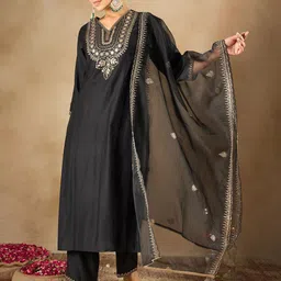 Indo Era Women Ethnic Motifs Embroidered Regular Liva Kurta with Trousers & With Dupatta-48