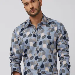 Mufti Men Spread Collar Abstract Printed Cotton Slim Fit Casual Shirt-image-77