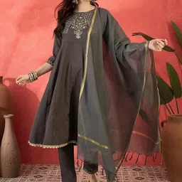 Sangria Ethnic Motifs Embroidered Gotta Patti Anarkali Kurta with Trouser & Dupatta-picture-48