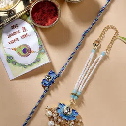 Anouk Kundan Studded & Beaded Lotus Shape Bhaiya Bhabhi Rakhi With Roli Chawal-44