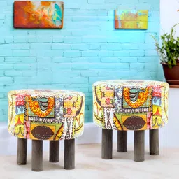 Ikiriya 2-Pcs Yellow & Brown Embroidered Round Ottomans-33