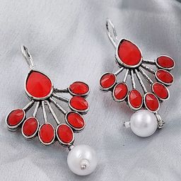 Saizen Silver-Plated Stones Studded & Pearls Beaded Oxidised Teardrop Shaped Drop Earrings-image-87