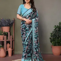 VILLAGIUS Floral Printed Pure Georgette Block Print Saree-picture-1