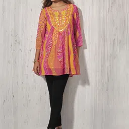 Anouk Ethnic Motifs Printed Notch Neck Mirror Work Anarkali Kurti-image-59