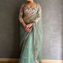Panzora Women Striped Embroidered Net Saree-image-36