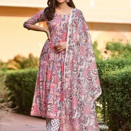 AK FASHION MALL Women Floral Printed Angrakha Kurta with Trousers & With Dupatta-image-2