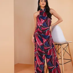 Stitchinc Women Cloak Magenta Pink Halter Neck Printed Basic Jumpsuit XS-picture-50