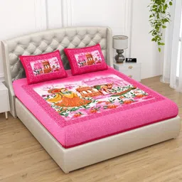 Aura Pink & Yellow Ethnic Printed Pure Cotton 120 TC Queen Bedsheet Set 2.35 x 2.15m-image-58