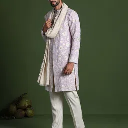 KALPRAAG Men Ethnic Motifs Embroidered Regular Sequinned Kurta with Trousers & With Dupatta image 3