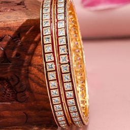Rubans Set of 2 22K Gold-Plated Red-Border Square-Cut Cubic Zirconia Studded Bangles image 2