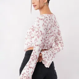 Deshi Girl Women Floral Print Tie-Up Neck Bell Sleeve Crop Top-picture-41