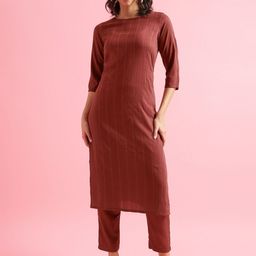Shaily Striped Sequinned Dobby Weave Straight Kurta With Trouser-image-6