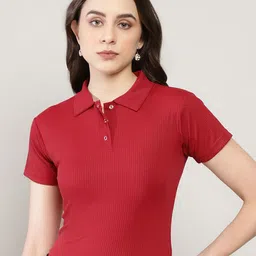 Sugathari Women Shirt Collar Sheen Ribbed Fitted Top-image-78