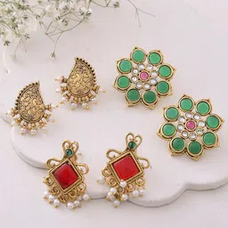 DASTOOR Set Of 3 Gold-Plated Floral Shaped Studs Earrings-30