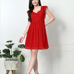 Tushita Flutter Sleeve Ruffled Georgette Fit & Flare Dress-image-80