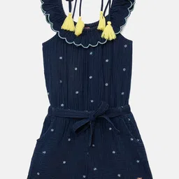 Blue Giraffe Girls Printed with Embroidered Jumpsuit-image-99