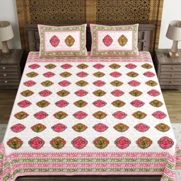 Sangria White & Green Ethnic Motifs Pure Cotton 210TC Double King Bedsheet Set-2.74mx2.28m-image-83