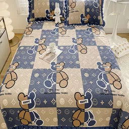JC HOME Blue & Brown Printed Cotton Double Queen Bed & Pillow Cover-image-65