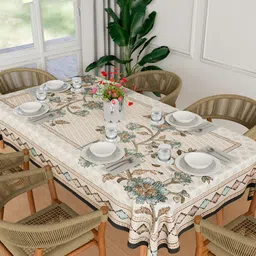 Aura Green & Brown Floral Printed Anti-Skid Cotton 6-Seater Table Cover-31