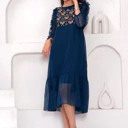 JC4U Women Self Design Puff Sleeves Ruffles Fit & Flare Midi Dress-image-19