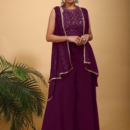 SANCIA Women Ethnic Motifs Embroidered Regular Sequinned Top with Palazzos & With Dupatta-34