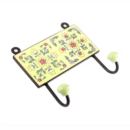 IndianShelf Yellow & Green Ceramic Floral Tile Hooks for Wall Heavy Items Key Holders-12