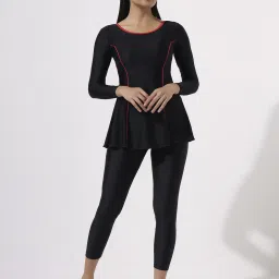 Round Neck A-Line Full Sleeves and Full Tight Plain Solid Women Swim-dress Black Swimsuit-image-25