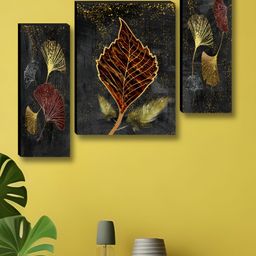 Aura Black & Gold-Toned 3 Pieces Floral And Botanical Printed Wood Wall Art-image-88
