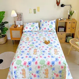 JC HOME White & Blue Floral 140 TC King Bedsheet with 2 Pillow Covers-image-8