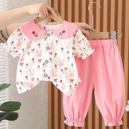 POP STREET KIDS Girls Bunny Printed Peter Pan Collar Top With Joggers-image-2