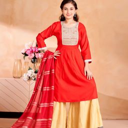 Aarika Girls Embroidered Sequinned Round Neck Pure Cotton A-Line Kurta-image-18